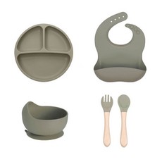 兒童矽膠餐盤組 寶寶輔食分格餐盤, 軍綠色五件套, 1個, 無