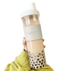 HankPARSON 珍奶杯 大口徑耐熱隨行杯 附粗吸管與皮革杯套, 皮革米, 1個, 850ml