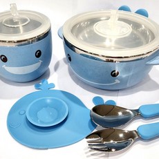 유아 식기 5종 세트 흡착판 스테인리스 스텐 이유식 밥 그릇 용기 스푼 포크 포함, 1개, 그린