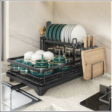 LOVFIR 내구성 강한 스테인리스 주방 접시 건조대 다용도 수납대 & 정리대 - 튼튼하고 실용적인 주방 필수 아이템, 1개, 블랙-이중타입, 1단