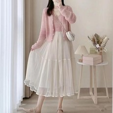 여성용 니트 카디건 망사 롱스커트 봄 가을 캐주얼 원피스 3종 세트 슬림소녀