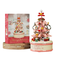 【台灣熱銷Top1】新北發貨夢幻聖誕樹旋轉音樂盒 聖誕樹積木 聖誕迷你積木 拼裝玩具創意擺件 積木 情侶禮物 聖誕禮物, 1個, 粉色聖誕樹音樂盒-內含燈光, 1