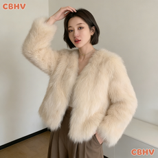 CBHV 여성 겨울 폭스퍼 하프 털 브이넥 코트 따뜻한 루즈핏 패션 점퍼