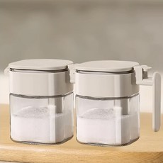 신형 원터치 대용량 실리콘 밀폐 유리 분리형 스푼 트레이 양념통 세트 400ml, 1세트, 아이보리2p + 스푼 2p