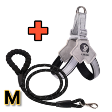 강아지 하네스 Y형 중대형견 반사 리드줄 세트 목 안조이는 가슴줄, 1세트, 블랙