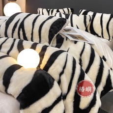【椿嶼】輕奢兔兔絨斑馬紋四套秋冬兔毛絨被套牛奶絨款床單床笠輕奢風, 炫彩-霞光灰,00*230cm 床單245*250cm