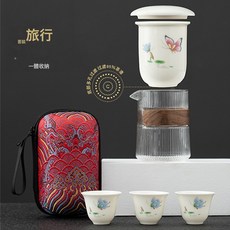 旅行功夫茶具套裝 玻璃泡茶壺 茶杯 可攜式收納包, 1個, 紅包一壺三杯（碟語）