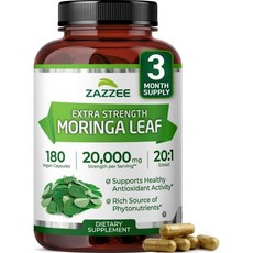 zazzee 오가닉 모링가 올레페라 잎 7500 mg 강도 180 비건 101 추출물 100 순수 슈퍼푸드, 180 Count (Pack of 1)