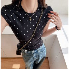 Yellwel 복고풍 라운드넥 도트 반팔 티셔츠 여성용 봄여름 DJP