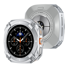 FALANDO 갤럭시워치8 울트라 2025 호환 아연 합금 풀커버 보호 케이스 전면 후면 측면 베젤스킨 47mm, 실버 화이트