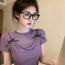 해피유통 브이넥 셔링 반팔 티셔츠 여성 리본 포인트 슬림핏
