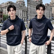 TIRA 남자 여름 반팔 후드티 경량 캐주얼 스트릿 스타일 루즈핏 심플 포켓 디자인 운동복