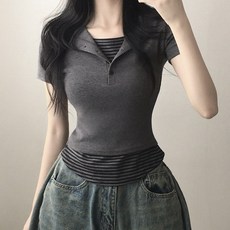 레이어드일체형/말라핏 단가라 단추 가디건 반팔티셔츠 2color