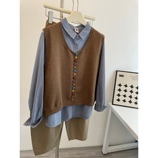 奈看服飾 V領毛衣背心 彩虹糖果扣針織背心