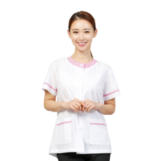 핑크체크 라운드 반팔 여자상의 반팔위생복 식품 공장 급식실 가운 위생가운