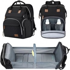 可躺式媽咪包 多口袋大容量保溫媽媽包 爸爸包 多隔層多功能母嬰包 可掛式收納外出包, 黑色, 黑色