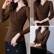 리틀깽스 빅사이즈 봄가을 겨울 백화점퀄리티 정장 오피스룩 출근룩 부드러운촉감 신축성좋은 브이넥 무지 셔링 핀턱주름 랩스타일 블라우스