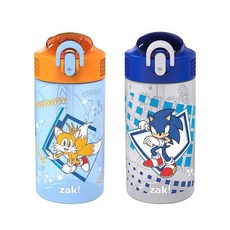 Zak Designs 디즈니 프린세스 세이지 아동용 물병 학교 또는 여행용 473.2ml(16온스) 내구성 있는 플라스틱 빨대 및 누출 방지 커버 2팩 (아리엘 신데렐, 소닉, 테일