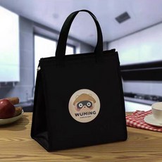 WUMING 保溫便當袋，上班族簡約拉鏈手提袋, 1個, 黑色米色熊