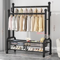 雙桿晾衣架 32管徑 衣帽架 晾衣杆 臥室雙桿晾衣架 掛衣架 掛衣桿 出租房衣櫥 衣櫃, 黑色32管-雙桿120CM+送萬向輪