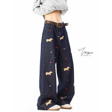 자수 포인트 데님 팬츠 루즈핏 스트레이트핏 워싱 처리 봄가을 청바지