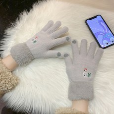 觸屏不凍手 公主風保暖手套雪人刺繡針織可愛防寒保暖毛絨防風冬季手套