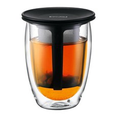 Bodum 파비나 이중 벽 유리 세트가 포함된 차 여과기 1개 354.9ml(12온스) 검정