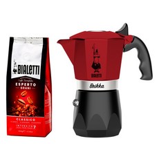 BIALETTI Brikka 摩卡壺，輕鬆享受濃郁義式咖啡，家用咖啡神器, 鑽石加壓紅色4杯份+500g咖啡豆