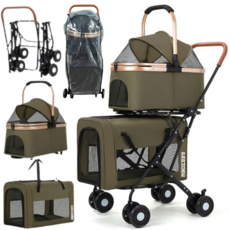 프라홈 올인원 개모차 2단 분리형 폴딩 방한 우비 코트 반려동물 유모차, 그린