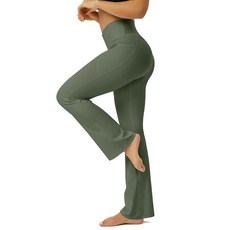 FOHOFO 여성용 요가 팬츠 주머니가 있는 플레어 레깅스 크로스오버 하이 웨이스트 부츠컷 요가 팬츠 핑크 M, XS, 아미 그린