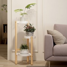 우드톤 철제 플라스틱 화분 진열대, 3단, 화이트