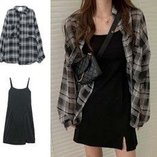 쌍문상회 여성 루즈핏 섹쉬한 끈나시 원피스 체크 셔츠 세트