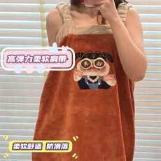 呆萌搞怪小富婆錢來刺繡浴裙雙肩吊帶可穿式浴巾吸水速乾抹胸浴袍, 藍色,加大加厚【可穿肩帶式】, 1個