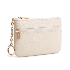 [ 1263538 ] 라렌트 풀 그레인 가죽 동전 지갑 키체인 포함 - 지퍼 포켓 2개 미니 파우치 카드 홀더 여성 및 남성용 스몰 체인지 지갑 오프 화이트 아트 데코