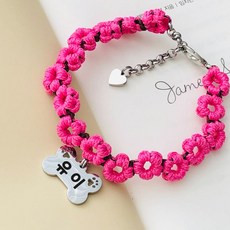 서은이네 (수제)퓨전 매듭 꽃 목줄+뼈다귀모양 팬던트 인식표 강아지 고양이 목걸이 주문제작, 골드, 핫핑크꽃, 1개