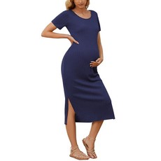[ 1173334 ] 에스카코 여성용 임산부 드레스 리브 니트 반소매 사이드 슬릿 바디콘 의류 네이비