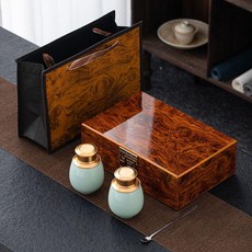 陶瓷茶葉罐 存茶罐 木盒二兩禮盒 通用茶葉包裝盒, 酸枝木紋雙罐禮盒-圓罐-綠, 1個