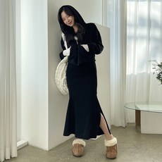 ShareU 女款羅紋針織連帽拉鍊外套+魚尾長裙套裝