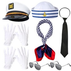 Puteraya 8 Pack Yacht Captain Hat White Sailor Ship Cap Scarf Sunglasses for Boating Marine Admira