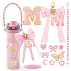ECLATIS LBU Owala 물병용 레터 액세서리 12개/81.9/1184.9ml24/32/40온스 리본이 달린 귀여운 이니셜 키체인 포함 스티커 참 페랄 핸들 스트랩, 글자 M, 핑크