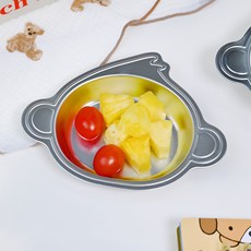 키친유 유아 304 스텐 간식접시 원숭이 캐릭터 아기 그릇 과일 나눔 앞접시 어린이집 식기, 1개, 실버