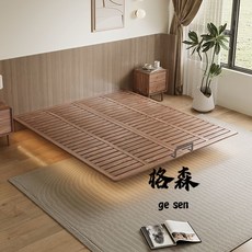 【格森】衚桃木實木床 無床頭懸浮雙人床 主臥榫卯全實木排骨架床架, 無燈胡桃木無燈牀+天鵝絨雙面牀墊+櫃2,1800mm*2000mm框架結構