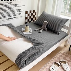 純棉床包床單組 單人床包 学生宿舍上下舖床單, 灰條紋,同款枕套1個