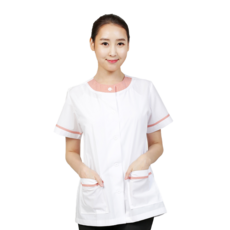 오렌지체크 라운드 반팔-여자상의 반팔위생복 식품 공장 급식실 가운 산업유니폼 단체 위생가운