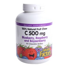 natural Factors 維他命C咀嚼錠 500mg, Blueberry+Raspberry and Boysenberry, 1瓶, 90顆