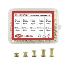 ASLLRISONY 110 가죽 공예 의류 신발 벨트 가방 및 맞춤 제작 품목에 사용되는 8가지 크기의 둥근 평평한 가죽 리벳 금속 나사 세트 실버 시카고 나사 모듬 키트, Golden M5*4,6,8,10,12, 1개, 골든 M5-4, 6, 8, 10, 12
