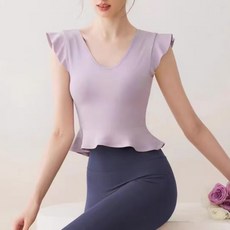 Makone 여성 브이넥 솔리드 요가복 나시 프릴 패치 필라테스 트랜드 심플 런닝 피트니스 웨어