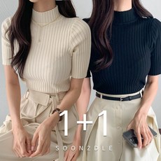 순이 C.여성 1+1 부들부들 촉감 좋은 반목 폴라 반팔 니트 티셔츠