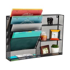 Mind Reader 4단 수직 파일 보관 선반 데스크탑 오거나이저 벽걸이 마운트 사무실 금속 메쉬 길이 57.9cm 22.5 x 너비 10.2cm 4 높이 40, Classic Black