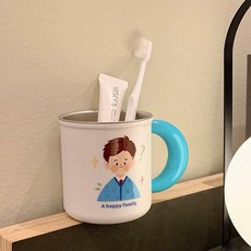316不鏽鋼防摔洗漱牙刷杯 卡通呆萌一家情侶漱口杯, 1個, 呆萌一家-爸爸款-316抗菌防黴,316不鏽鋼彩色把手杯